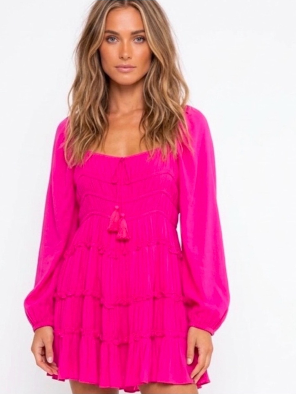 Chelsea & Violet Fuchsia Tiered Long-Sleeve Mini Dress